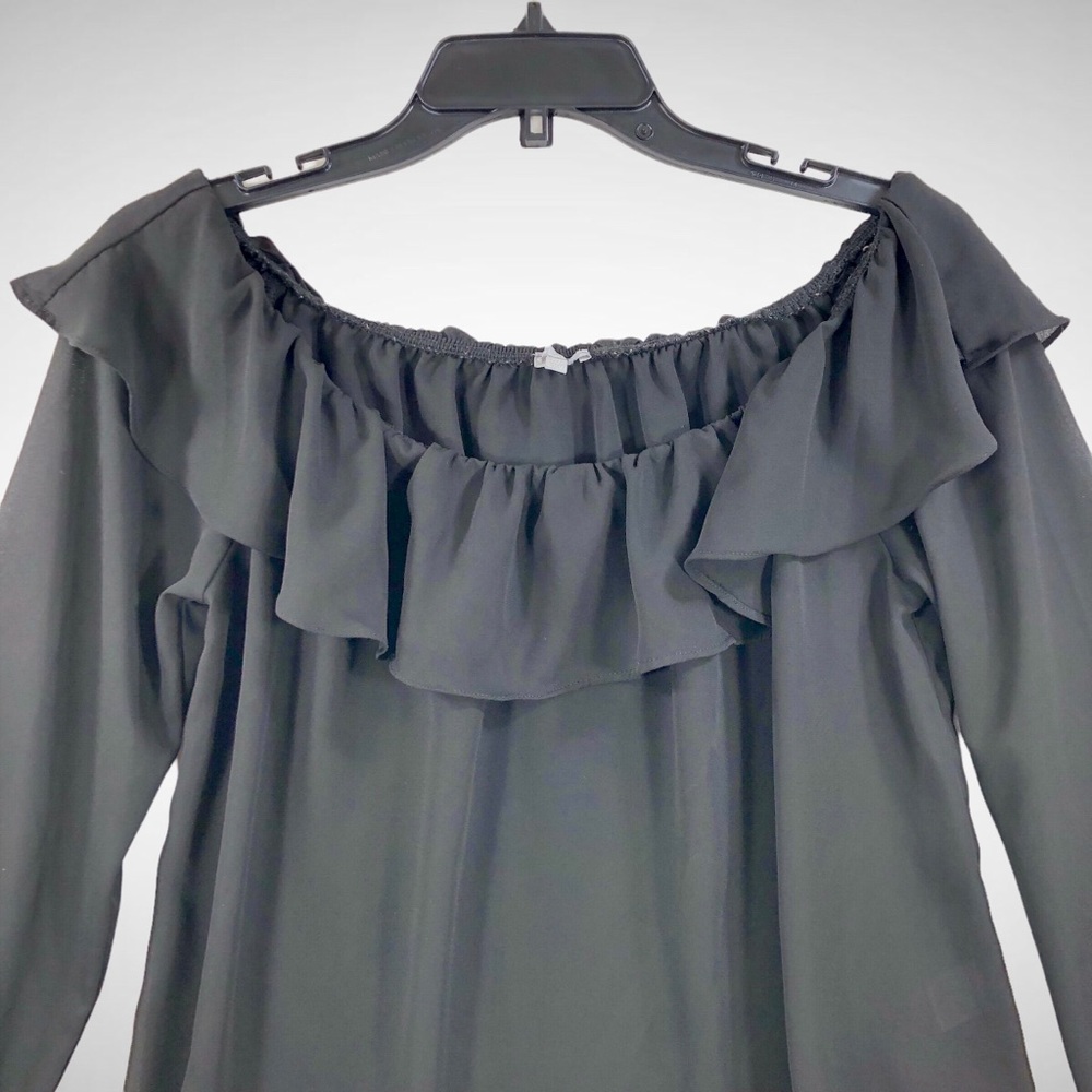 CHARLOTTE RUSSE Black Ruffle Blouse 3/4 Sleeve Sz M - Picture 3 of 7